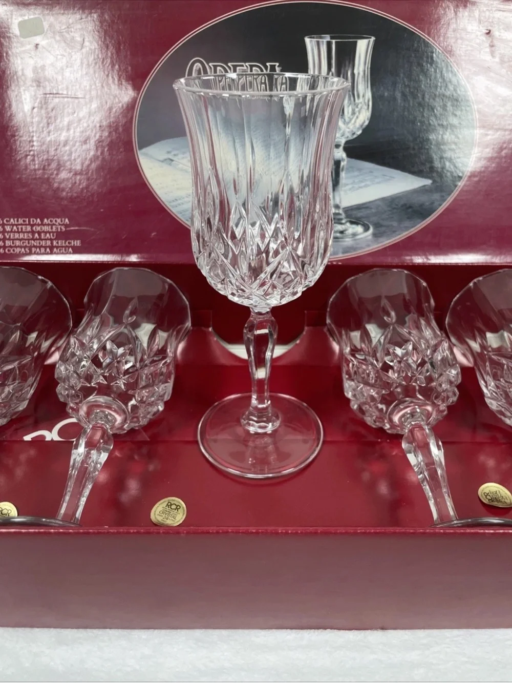 SET OF 6 Royal Crystal Rock RCR Opera Water Goblet Glasses 7.5” H Made In Italy